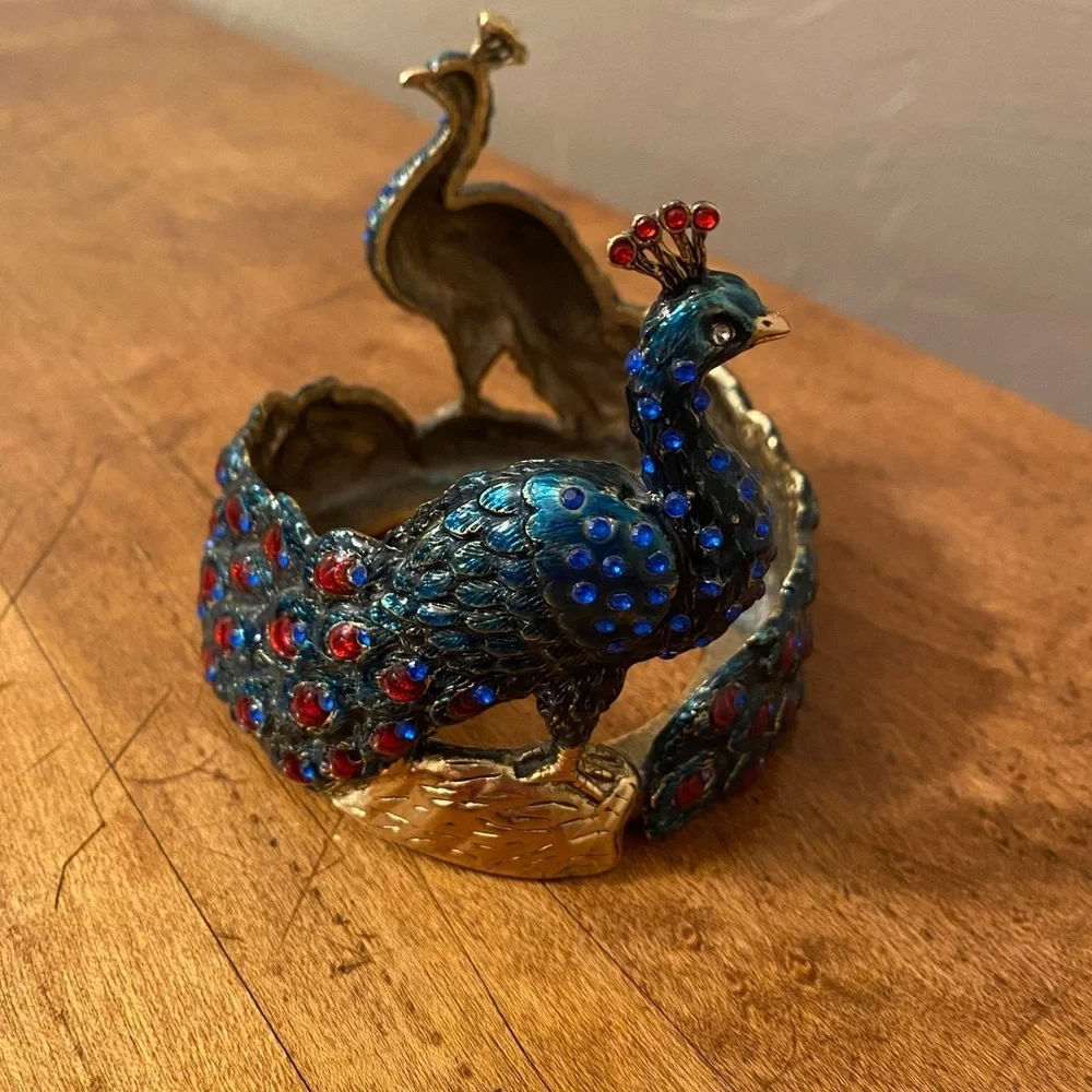 Vintage Solid Brass Enamel Painted Jeweled Double Peacock Candle Holder …